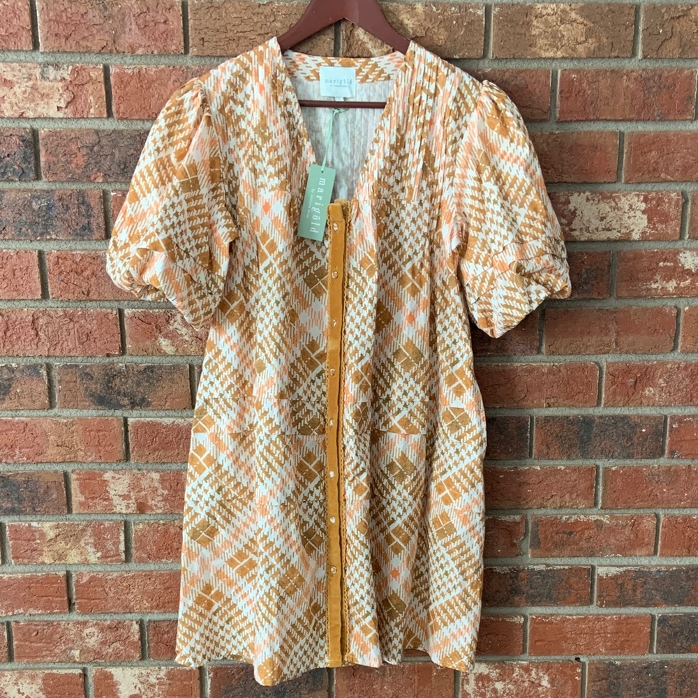 Marigold by Victoria Dunn Camille Tan Peach V Neck Puff Sleeve Patterned Dress